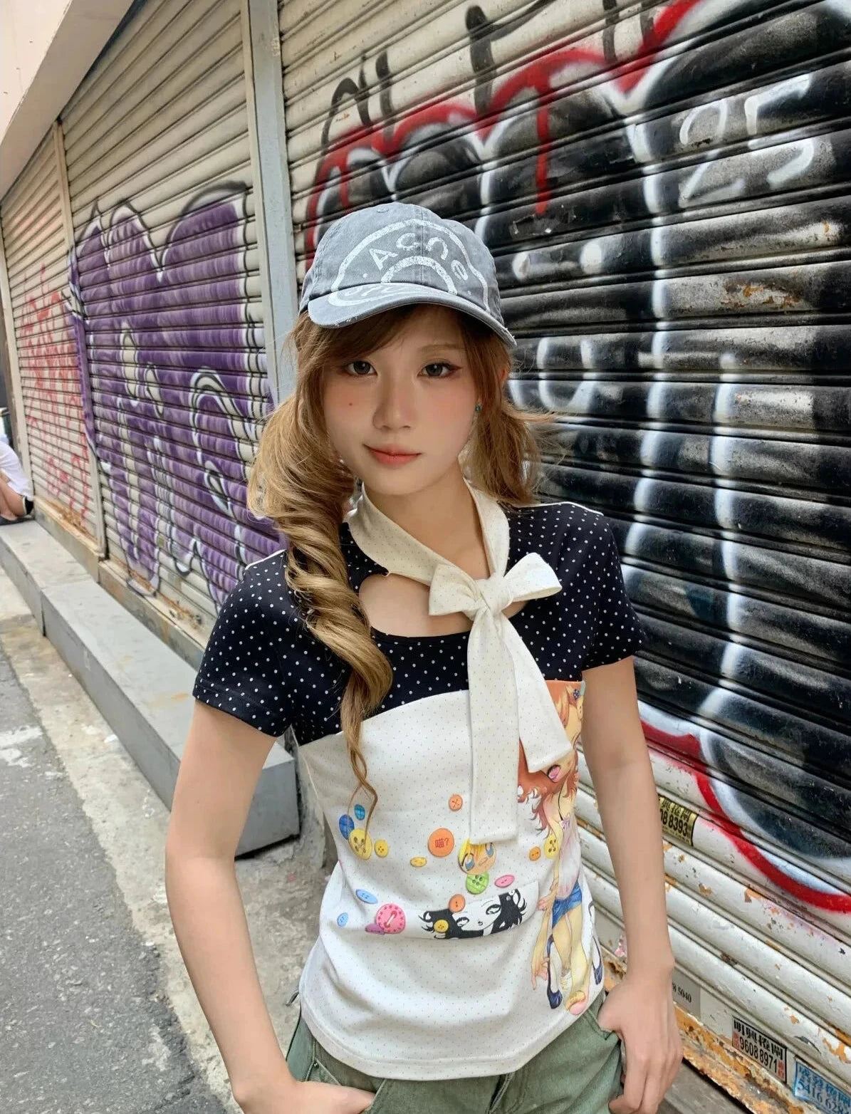 Chic Dollette Anime 2000s Short Sleeve Patchwork Top