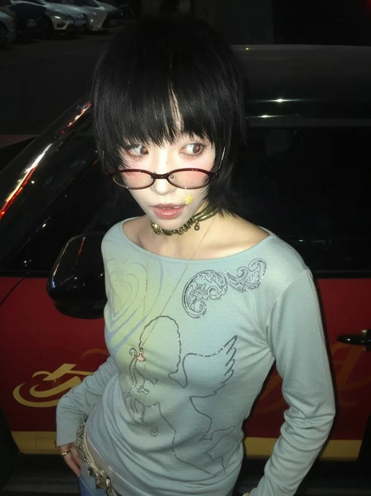 Chic Dollette T-shirt Manches Longues Tie Dye Imprimé Graphique Haut Grunge Japonais Années 2000 Haut Fairycore T-shirts E-girls