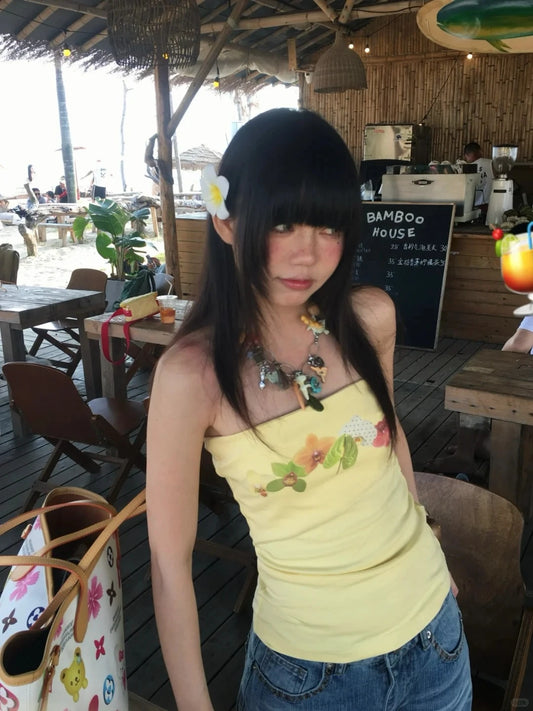 Débardeur Japonais Chic Dollette Top Imprimé Graphique Sans Manches Streetwear Années 2000 Débardeur Court Sans Manches Plage Été
