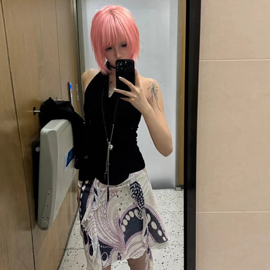 Chic Dollette Débardeur Japonais Col Rabattu Irrégulier Sans Manches T-shirt Streetwear Années 2000 Grunge Gilet Top Tee