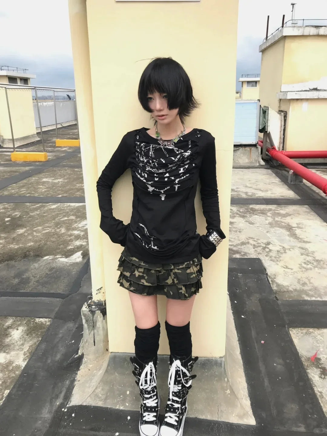 Schickes Dollette Gothic Vintage T-Shirt Langarm Broken Print Grafik Top Japanisches 2000er Grunge Top Streetwear Tee Top