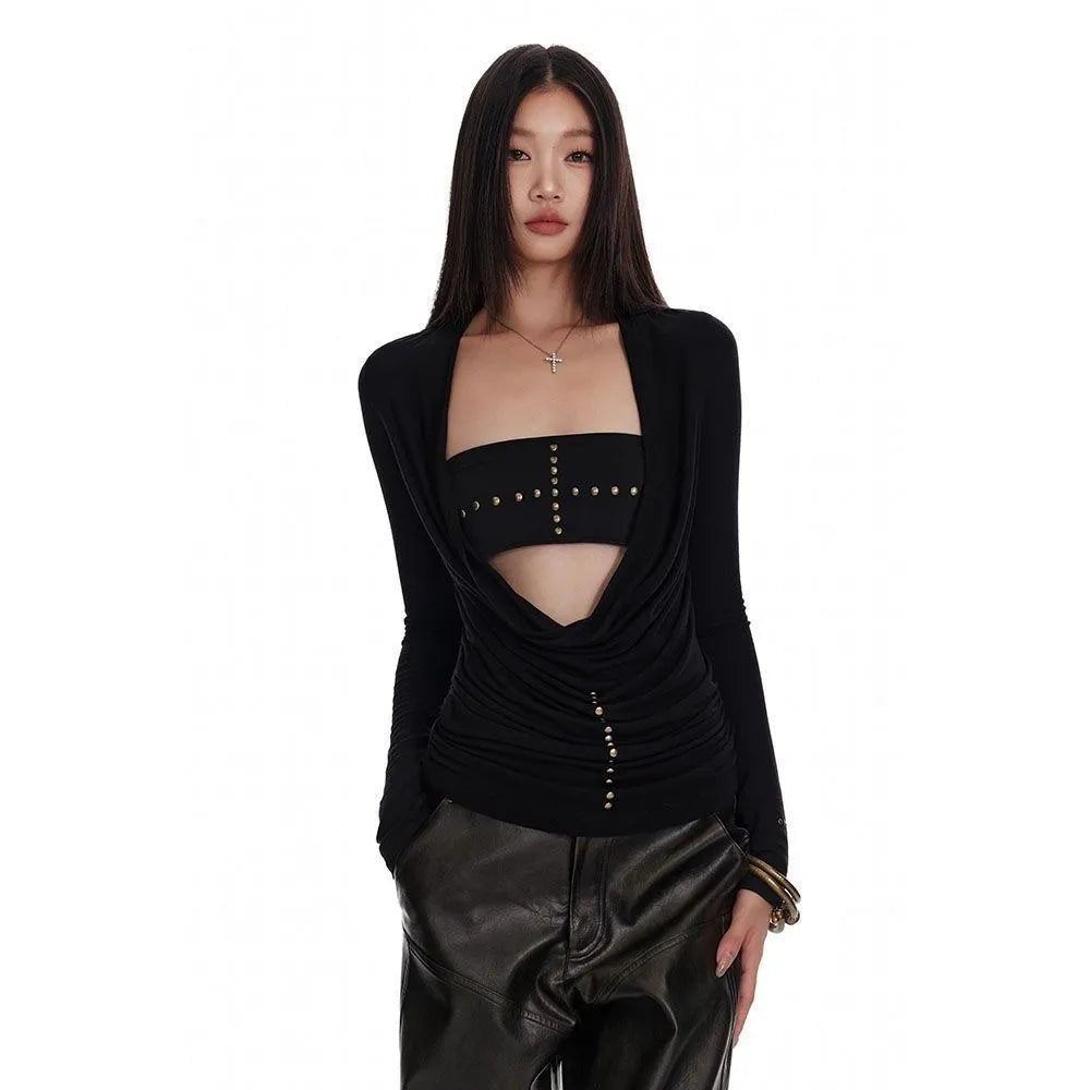 Chic Dollette Japanisches T-Shirt Schwarze Nieten Punk Top Swing-Kragen Streetwear Zweiteiliges Top Amerikanischer Retro 90er T-Shirts
