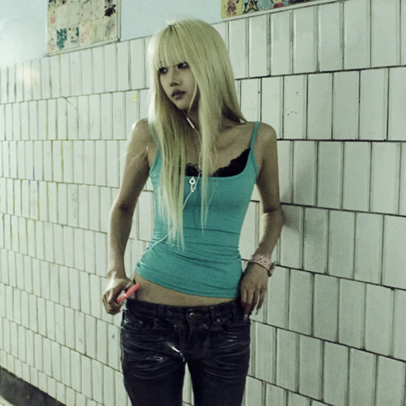 Chic Dollette Japanese Y2k Fake Two-piece Tank Top Trashy 2000s Lace Patchwork Camis Tops Vintage Harajuku Sleeveless Top American 90s