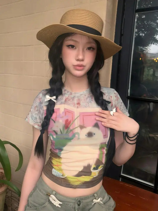 Haut à manches courtes imprimé chat Dollette Hotsweet Chic T-shirt col rond moulant Vêtements années 2000 Mode coréenne Vêtements féminins Chic