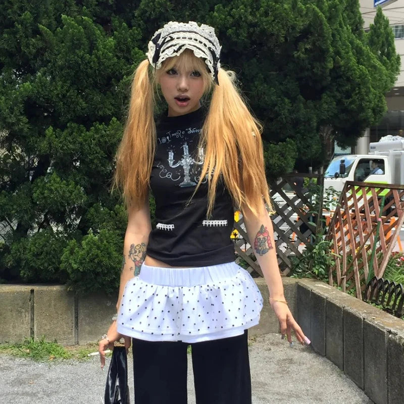 Chic Dollette Harajuku Vintage T-Shirt Rollkragen Print Crop Top Japanisches Grunge Top Gothic T-Shirts 2000er Tees