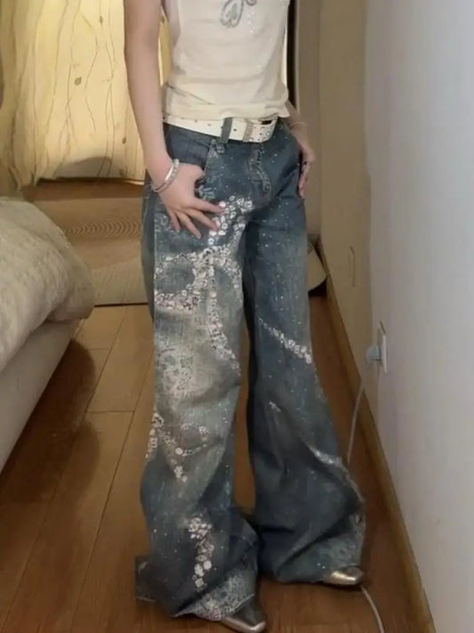 Jeans décontractés Chic Dollette pour femmes - Pantalon en jean ample - Style coréen - Vêtements chics pour femmes - Toute saison - Style américain