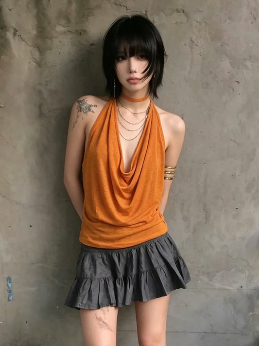 Haut court chic Dollette sexy à col noué et lacets, dos nu, style vintage, streetwear japonais, années 2000, sans manches