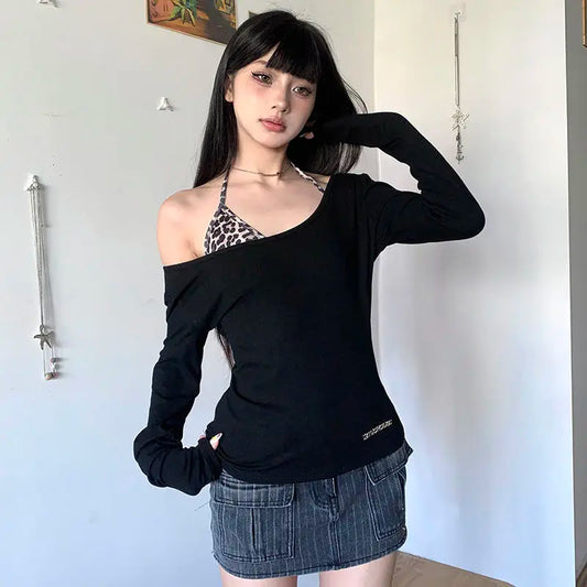 Haut Deux Pièces Streetwear Chic Dollette Automne Patchwork Leopard Soutien-gorge T-shirt Slim Vêtements Manches Longues Années 2000 T-shirt