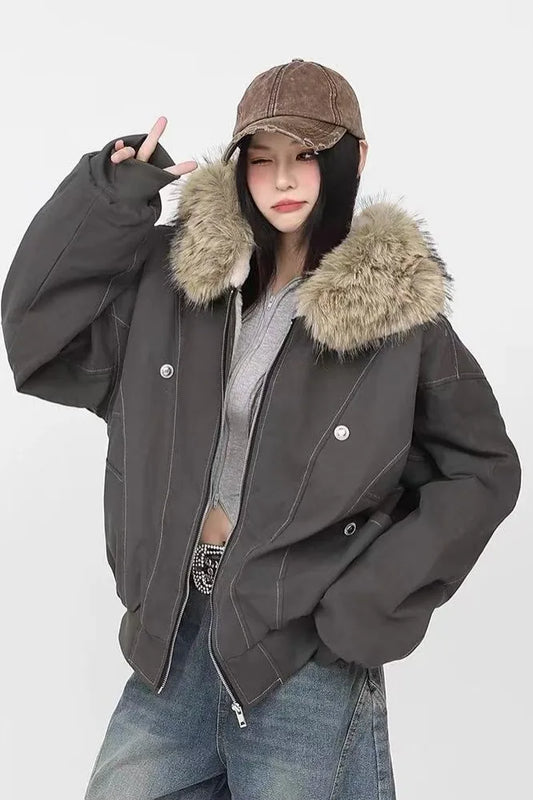 Vestes d'hiver Chic Dollette Col fourrure Parkas Veste polaire épaissie Vintage Vêtements chauds Streetwear Harajuku Hip Hop Rembourré Vêtement d'extérieur chic