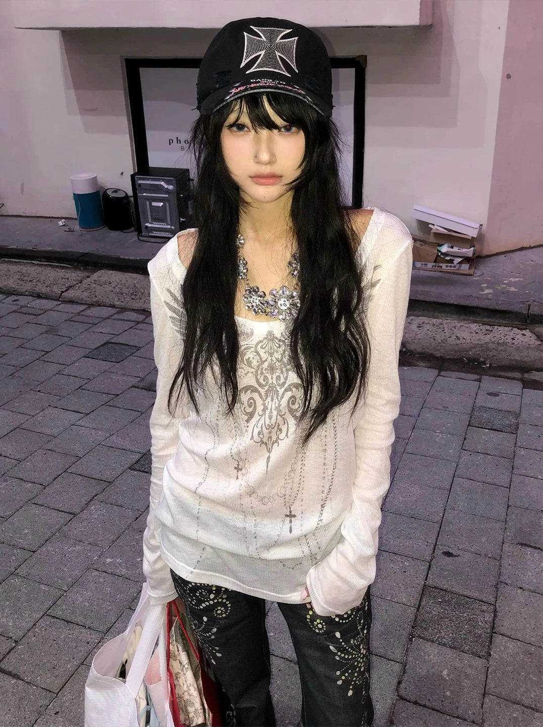 T-shirt rétro américain Chic Dollette, coupe ajustée, transparent, imprimé graphique, haut streetwear grunge japonais, pour E-girls