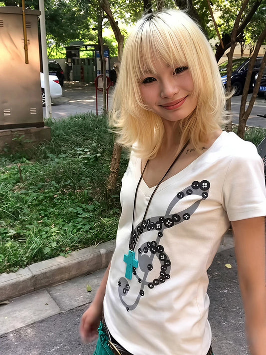 Chic Dollette Japanese Music Note V-Neck White T-shirt