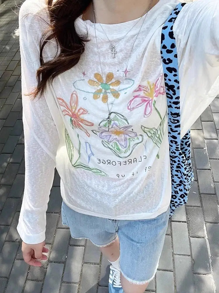 Chic Dollette T-Shirt im koreanischen Stil, handbemalte Blume, Langarm, 2000er Kleidung, Grafik-T-Shirts, Rundhals, lockeres Mode-Oberteil