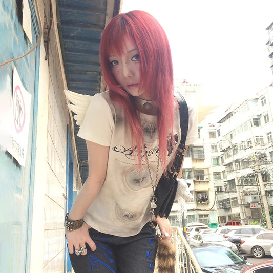 Chic Dollette Trashy Y2k Angel Print T-shirt Grunge Aesthetics Short Sleeve Tops With Wings Vintage Fairycore Streetwear 2000s Retro