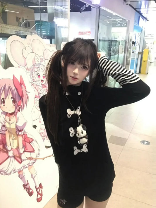 Chic Dollette Sweat-shirt à capuche japonais avec imprimé patchwork, pull, streetwear, haut grunge vintage, manteaux d'hiver, Fairycore