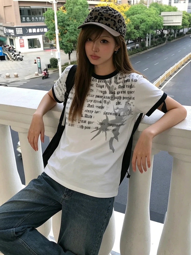 Chic Dollette American Retro T-shirt Women Short Sleeve Print Graphic Tops Streetwear Y2k Aesthetic Vintage Tops Tee Japanese 2000s