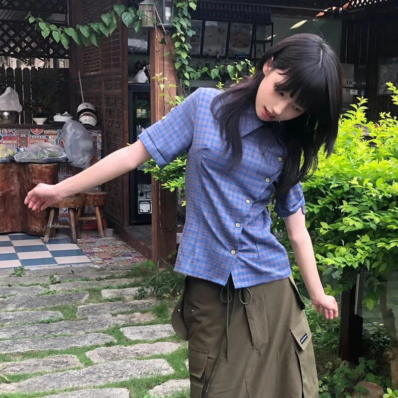 Chic Dollette Chemise Vintage Manches Courtes Irrégulière Décontractée à Carreaux Années 2000 Japonaise Été T-shirt E-girls Streetwear
