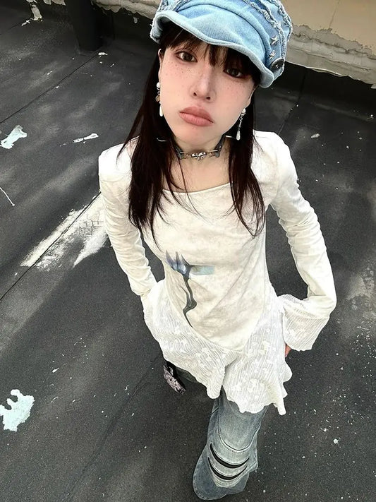 Haut Chic Dollette T-Shirt Imprimé Blanc Motif Irrégulier Top Graphique Années 2000 Japanese Fairycore Vintage T-shirts Retro Grunge Top Tee