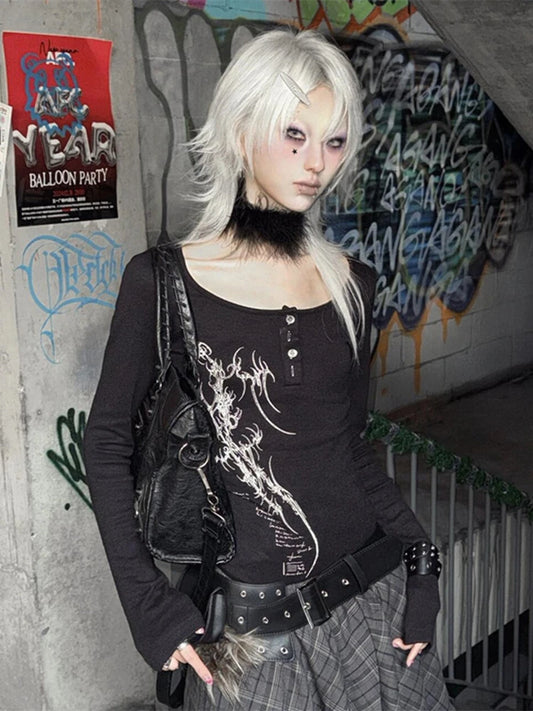 Hauts à manches longues pour femme, vêtements d'automne, avec imprimé graphique gothique noir, style Dollette Chic, années 2000 Chic