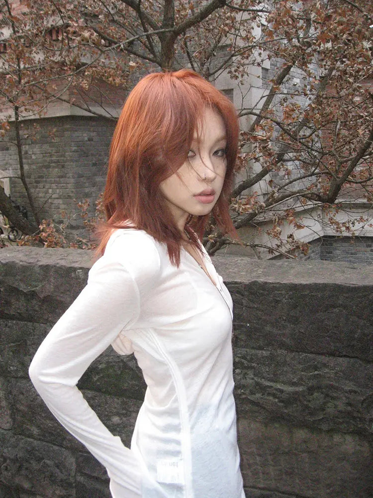 Chic Dollette Streetwear Weißer Kapuzen-T-Shirt mit Schnürung Langarm Koreanische Mode Sonnenschutz-Shirt Transparenter Sommer-Top 2000er Kleidung