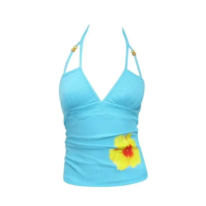 Chic Dollette Floral Print Halter Top Women Casual Beaded Straps Lace Trim Slim Fit Tees Japnese Harajuku Streetwear 2026 Summer