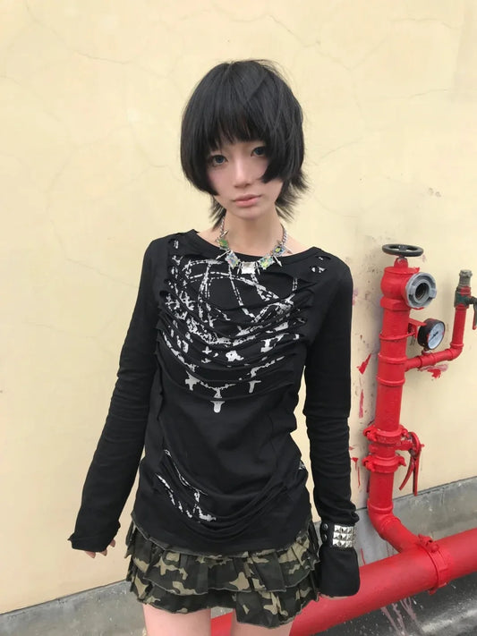 T-shirt chic Dollette gothique vintage à manches longues imprimé cassé graphique Top Y2K japonais Grunge Top Streetwear Tee Top