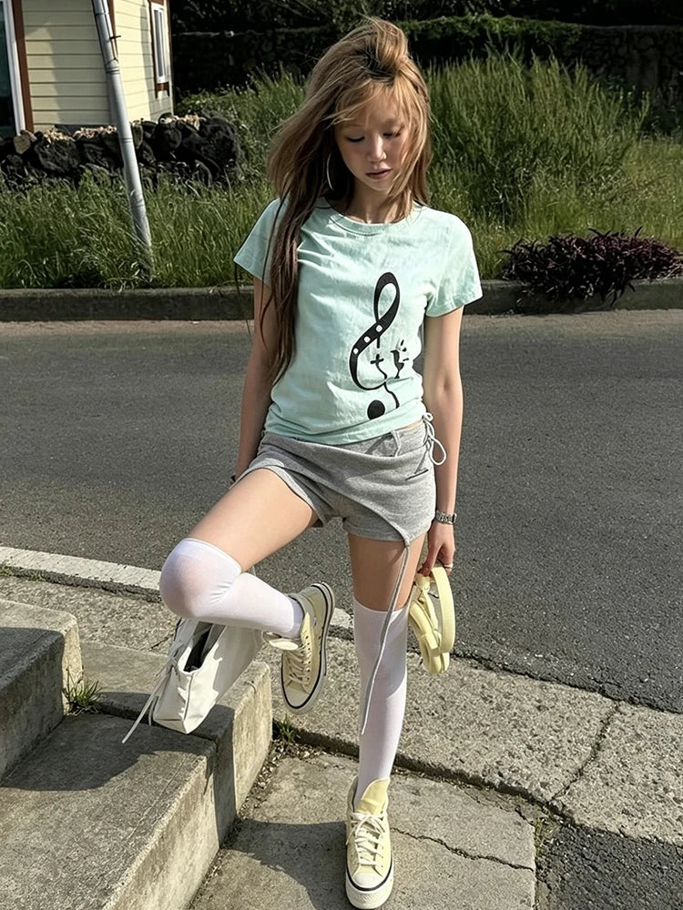 Chic Dollette Korean Style Music Note Print T Shirt Women Short Sleeve Cotton T-shirt Y2k Vintage Graphic Tops Japanese 2000s Tee