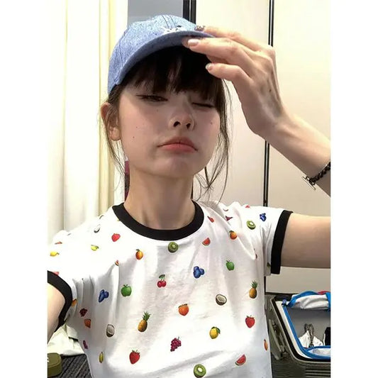 T-shirt imprimé style preppy chic Dollette, vêtements à manches courtes, mode coréenne, haut d'été, T-shirt Harajuku, T-shirt Femme