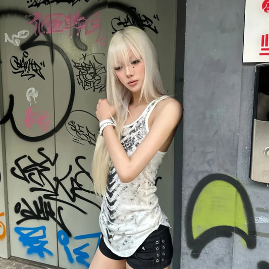 Haut court Chic Dollette imprimé vintage sans manches T-shirt Grunge japonais années 2000 Haut à bretelles Fairycore été