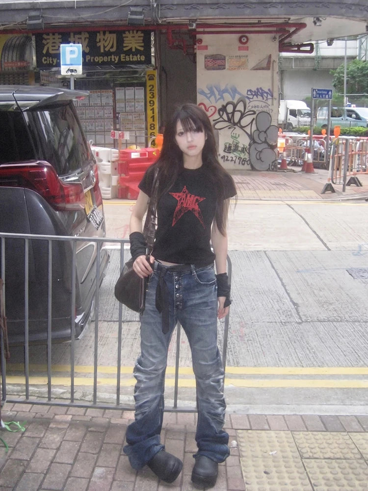 Chic Dollette Y2k Japanese Vintage Tops Black Print Graphic Top Tee Streetwear American Retro T Shirt Women E-girls 2000s Crop Tops