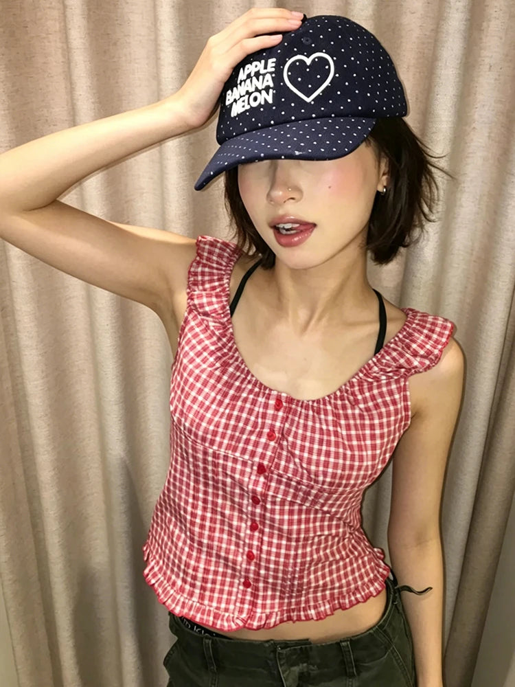 Chic Dollette Japanese Plaid Shirt Women Short Sleeve Slim Blouse And Shirt American Retro 90s Crop Tops Streetwear Vintage Tops