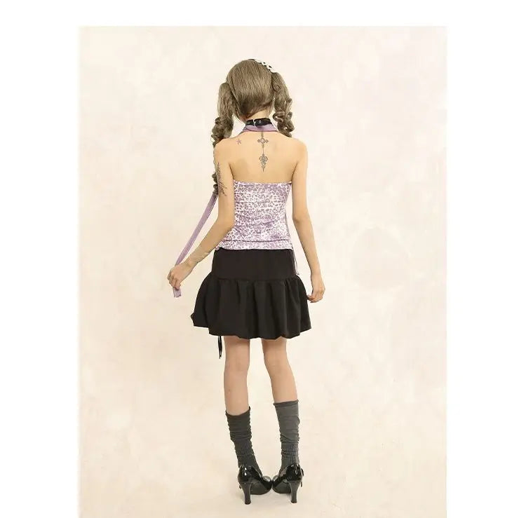 Chic Dollette Outfit Retro scharfes Mädchen lila Leopardenmuster trägerlose Weste Sommer neues schlankes Off-Shoulder-Top für Frauen