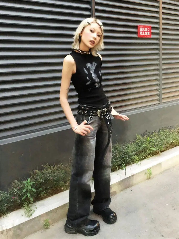 Chic Dollette Hotsweet Tanktop mit Hasenprint Ärmelloses 2000er Jahre Outfit Skinny Gothic Damenbekleidung Koreanische Mode Sommer Weste