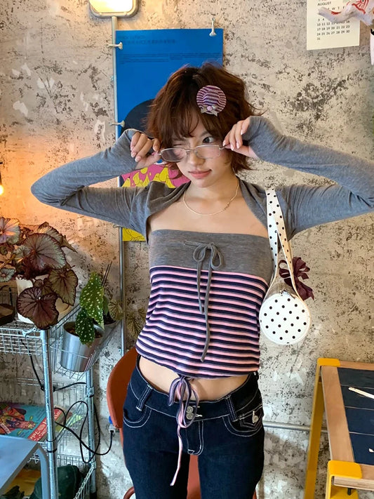 Chic Dollette Ensemble deux pièces japonais : débardeur rayé d'automne et chemisier tricoté style streetwear, crop top vintage, t-shirts Fairycore.