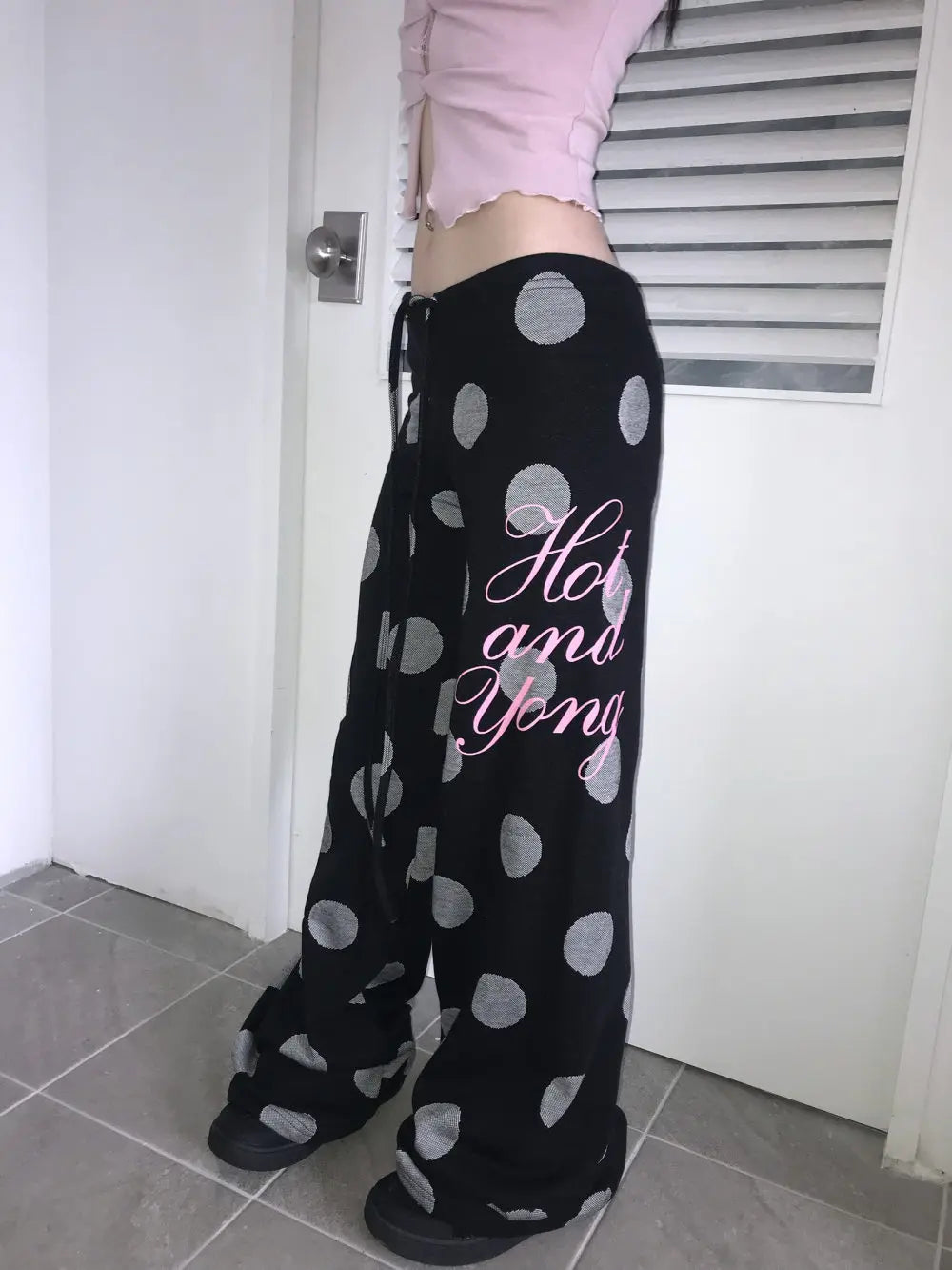 Chic Dollette 2026 new retro Y2K versatile polka dot letter drawstring wide leg pants casual and simple street trend niche fashion personality