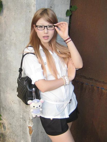 Elegantes Dollette-Shirt im koreanischen Stil, Halbarm, weiße Bluse mit Tasche, Vintage-Top, japanische 2000er, schmale Freizeithemden
