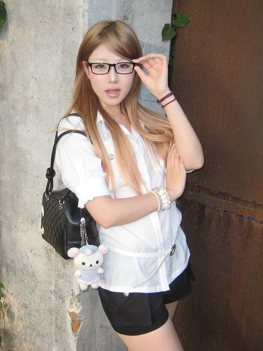 Chemisier blanc et chemise à manches courtes Chic Dollette Style Coréen avec poche, top vintage japonais, chemises décontractées slim années 2000