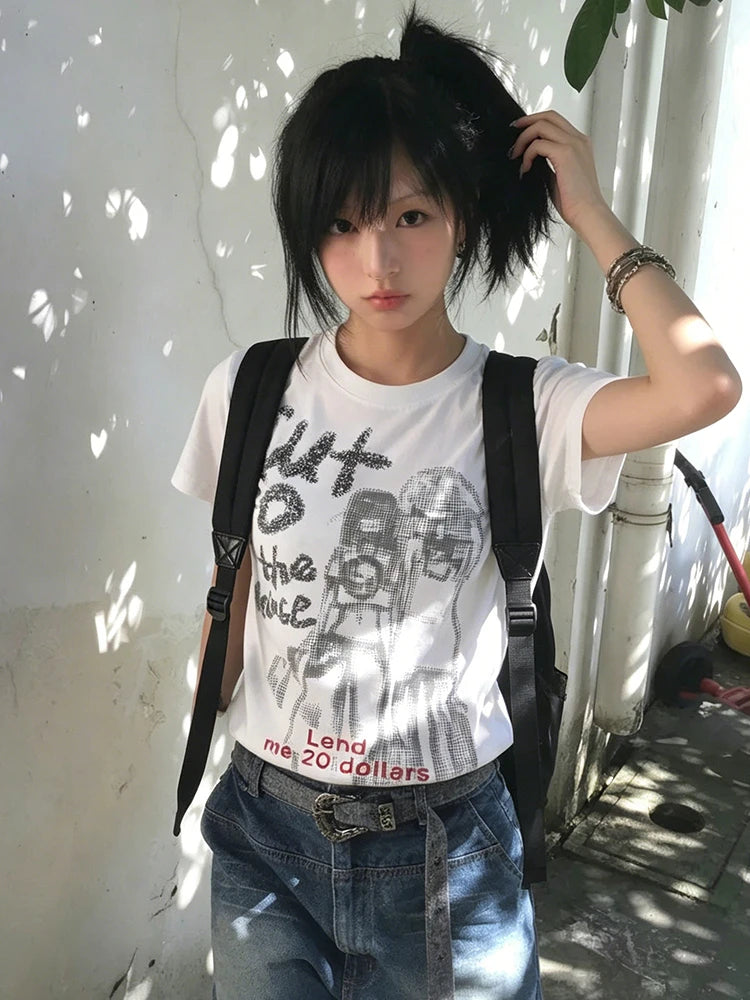 Chic Dollette Harajuku Graphic Print Top Summer Y2k Aesthetics Top Vintage Punk Tee Casual Short Sleeve T-shirt Japanese 2000s