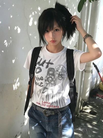 Chic Dollette Harajuku Graphic Print Top Summer Y2k Aesthetics Top Vintage Punk Tee Casual Short Sleeve T-shirt Japanese 2000s