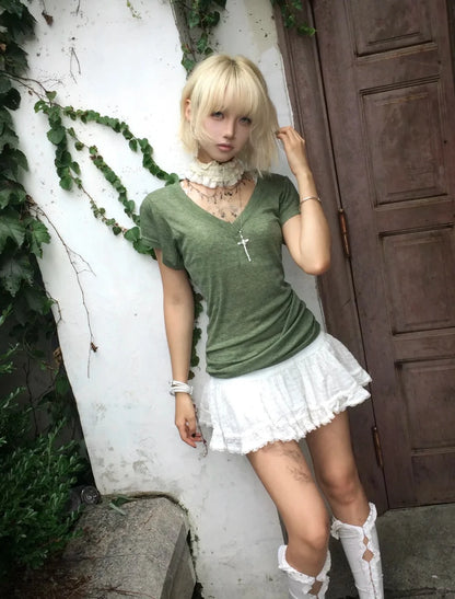 Chic Dollette Olive Green V-Neck Ruched Fitted Tee
