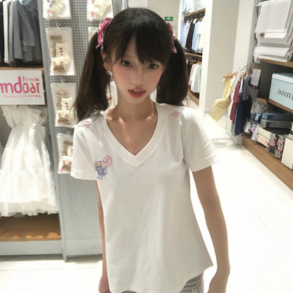 Chic Dollette V-neck Embroidered Short Sleeve