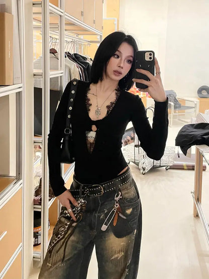 Schicker Dollette Gothic schwarzer hohler Body Strampler Jumpsuit Fashion einfarbige Spitze Langarm sexy Etui Skinny T-Shirt