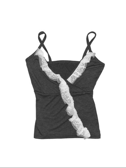 Schickes Dollette koreanisches Tanktop mit Spitzen-Patchwork, ärmelloses T-Shirt, Streetwear, japanische 2000er-Jahre-Camisole, Streetwear-Tops