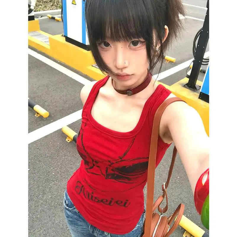 Chic Dollette Gothic Vintage Tank Top Ärmelloses Grafik-Print-Top Streetwear Japanische 2000er Weste Grunge Top E-Girls
