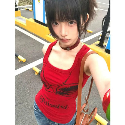 Chic Dollette Gothic Vintage Tank Top Ärmelloses Grafik-Print-Top Streetwear Japanische 2000er Weste Grunge Top E-Girls