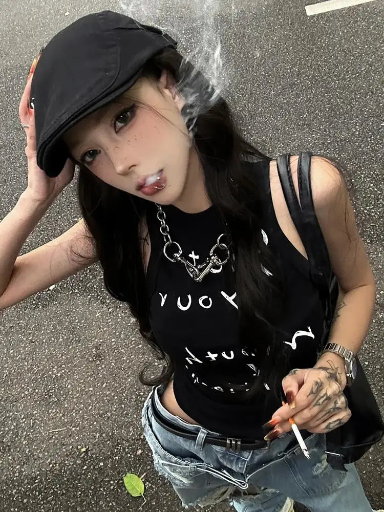 Schickes Dollette Vintage Print Tanktop Ärmelloses Oberteil Geraffte Falten Crop Top Amerikanisches Retro 90er Westentop Japanisches T-Shirt-Top