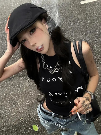 Schickes Dollette Vintage Print Tanktop Ärmelloses Oberteil Geraffte Falten Crop Top Amerikanisches Retro 90er Westentop Japanisches T-Shirt-Top