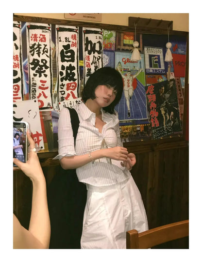 Chic Dollette Koreanischer Stil Freizeitshirt Dreiviertel Gestreifte Hemden 2000er Japanisches Vintage Top Schmale Retro Shirts Sommer