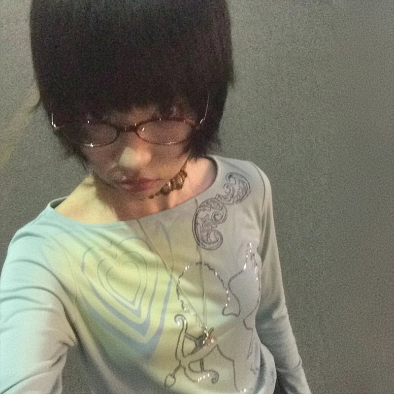 Chic Dollette T-shirt Manches Longues Tie Dye Imprimé Graphique Haut Grunge Japonais Années 2000 Haut Fairycore T-shirts E-girls