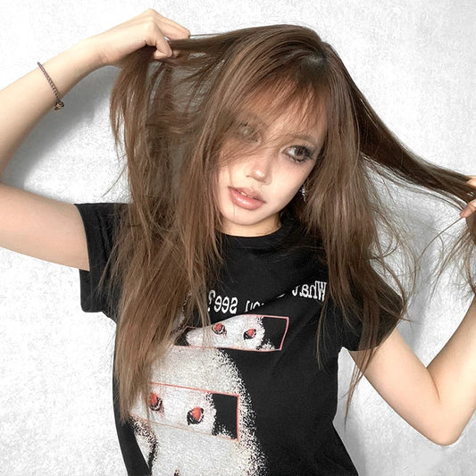 Chic Dollette Trashy Y2k Cat Print T-shirt Grunge Aesthetics Short Sleeve Black Tops Vintage Gothic Streetwear Punk American Retro 90s