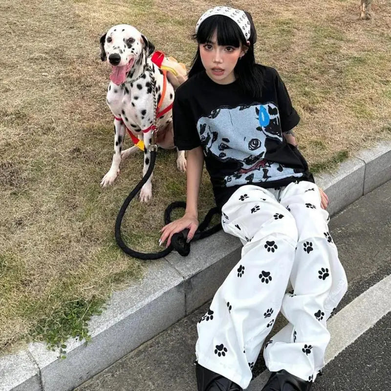 Chic Dollette Streetwear Lässiges Top Print Hunde T-Shirt Loose O-Ausschnitt Kurzarm-T-Shirt 2000er Kleidung Koreanische Mode Damenbekleidung